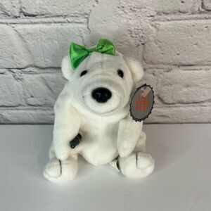 COCA-COLA White Polar Bear Green Bow‎ Bean Bag Plush Vintage 1997 New With Tags